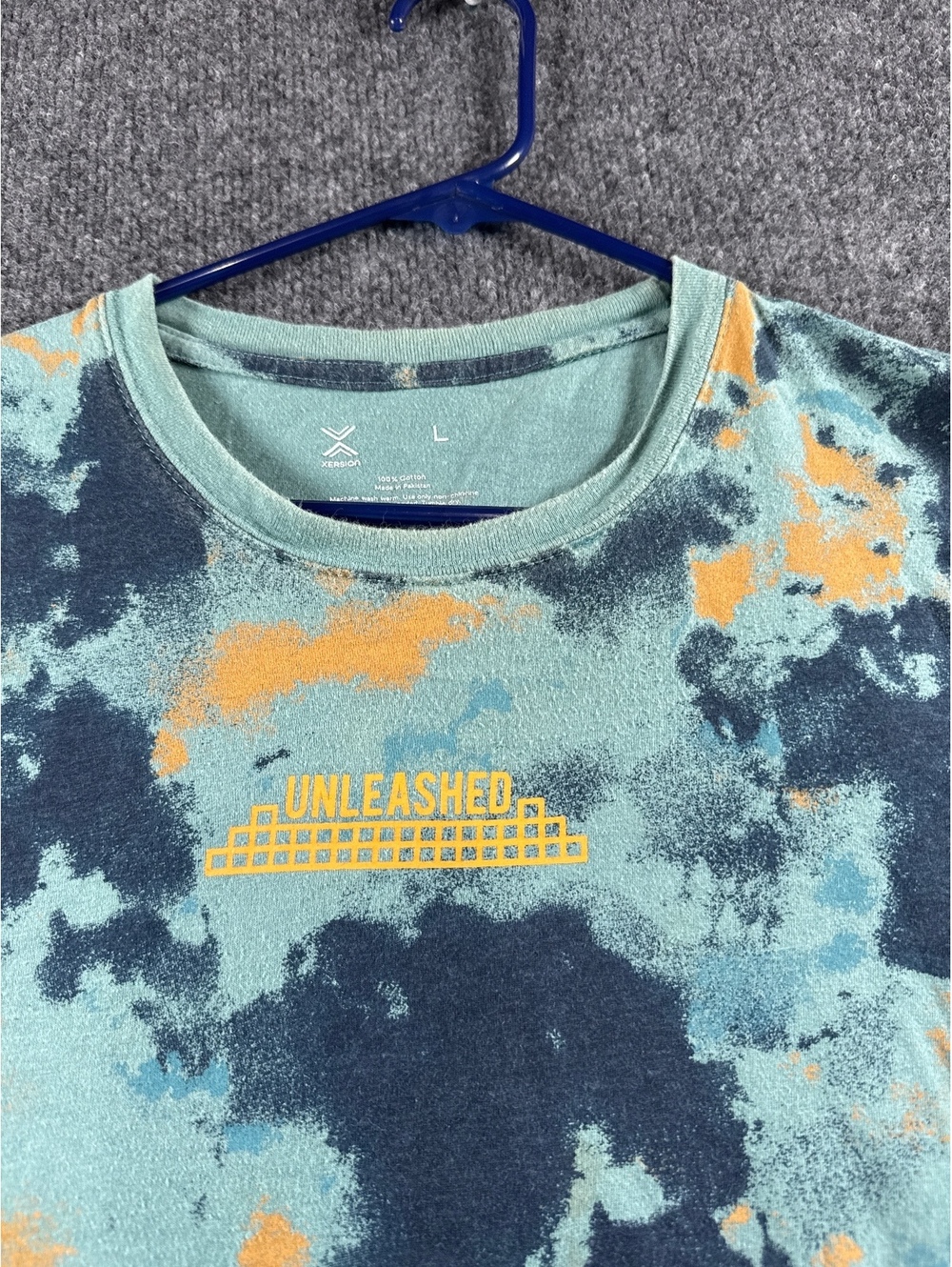 Xersion Mens Large Blue Orange Tie Dye Unleashed Graphic T Shirt Athletic Casual